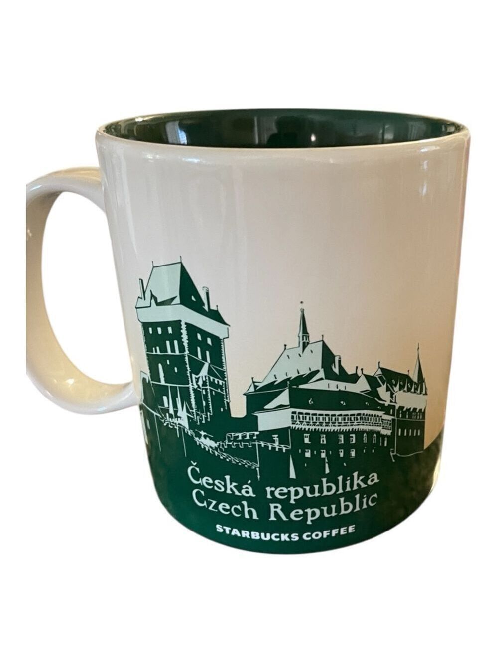 Starbucks Czech Republic Souvenir Mug, White and Green with Gold, Good Condition - Picture 3 of 4